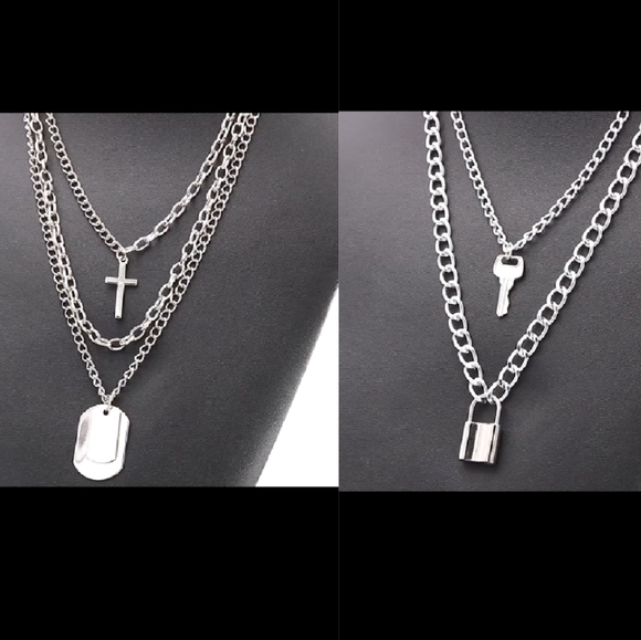 Chain Necklace Egirl Eboy Lock cross key 5 layers - Picture 2 of 13